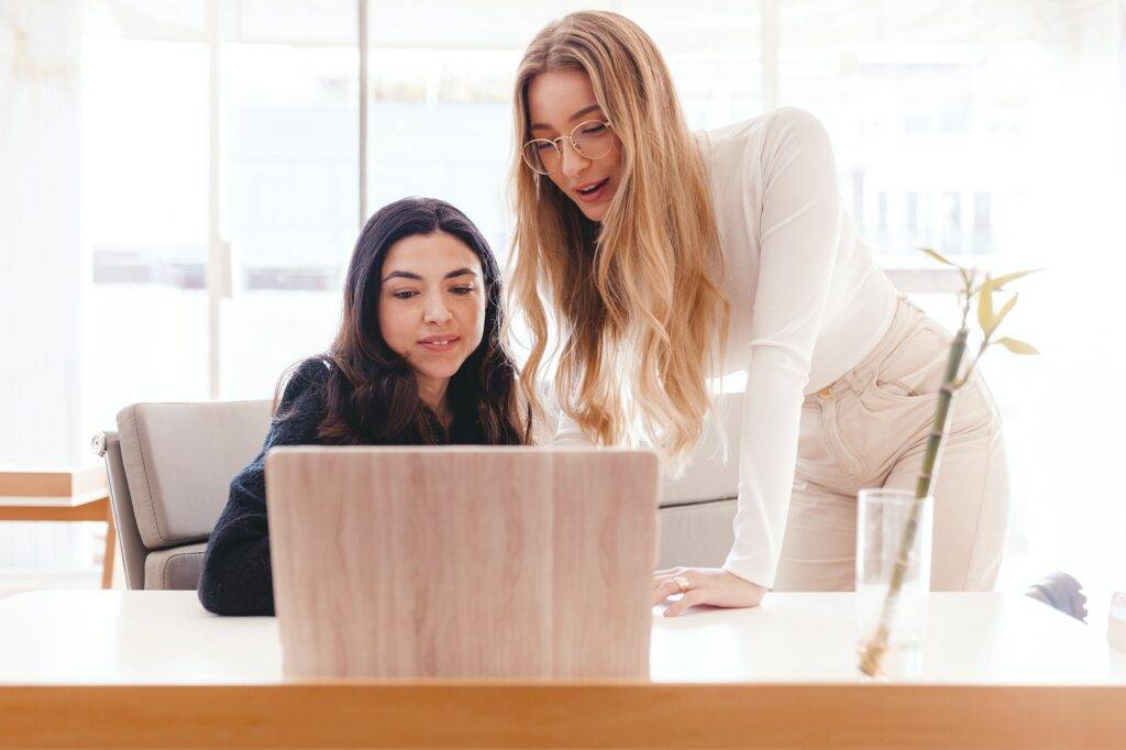 Two women working together with laptop at the office